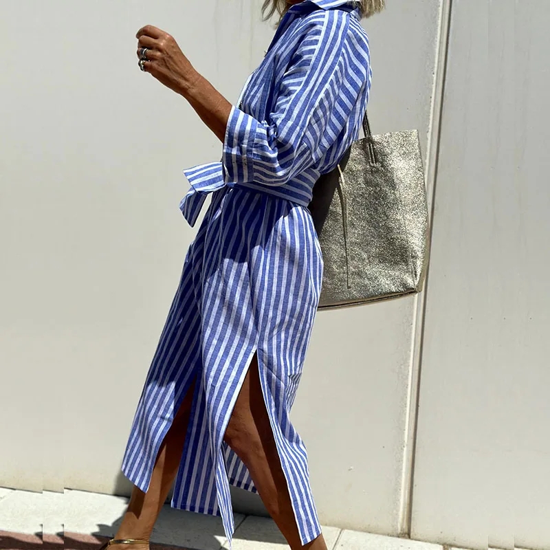 Alba - Elegant Striped Shirt Dress 