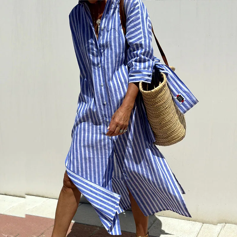 Alba - Elegant Striped Shirt Dress 