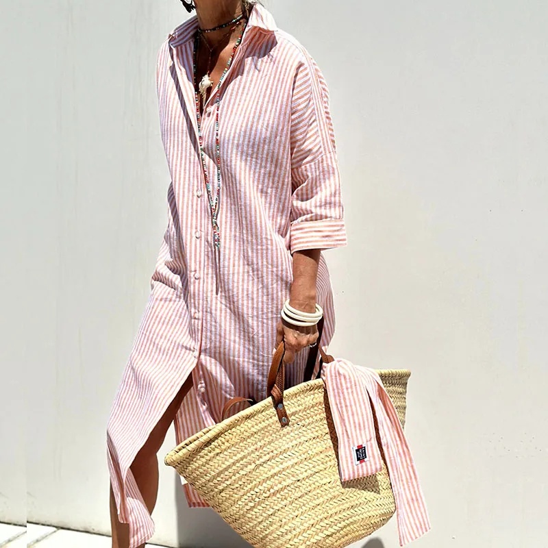 Alba - Elegant Striped Shirt Dress 