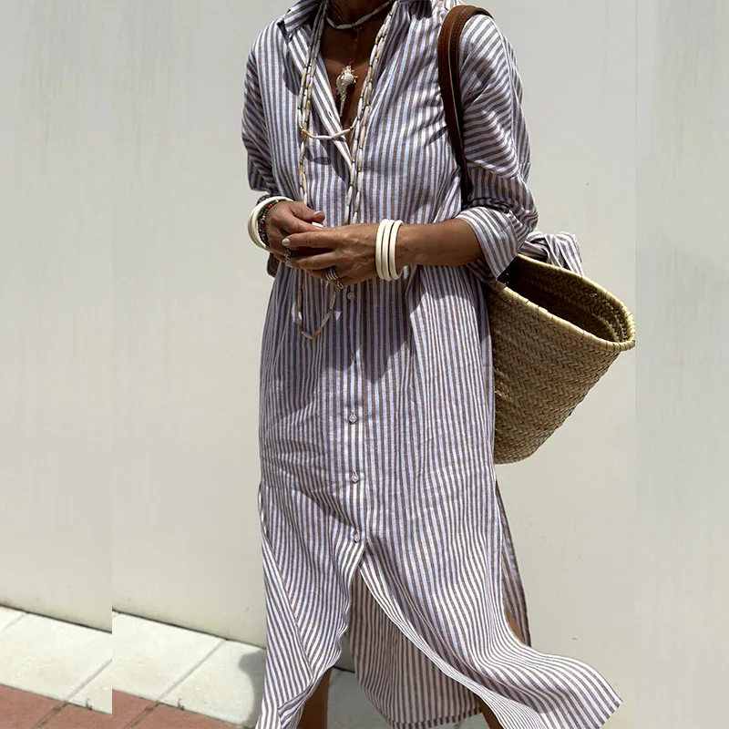Alba - Elegant Striped Shirt Dress 